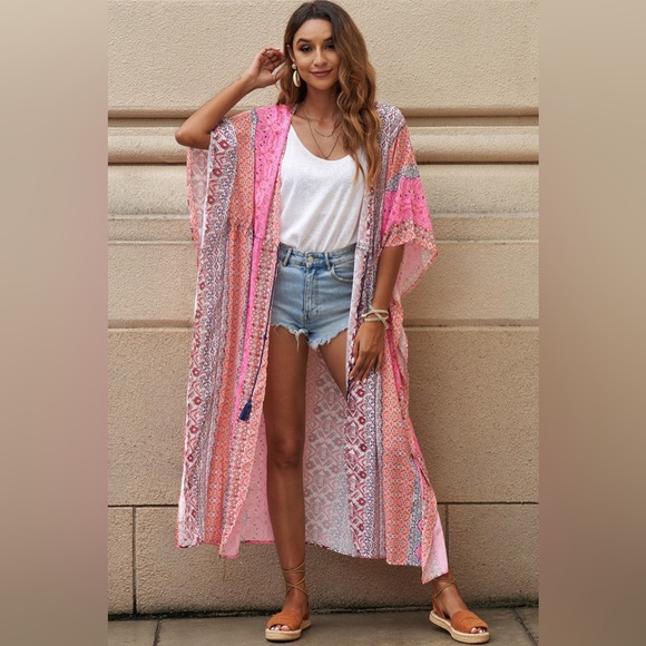 Bohemian Tassel Tie Cover Up Pink - Picture 1 of 7